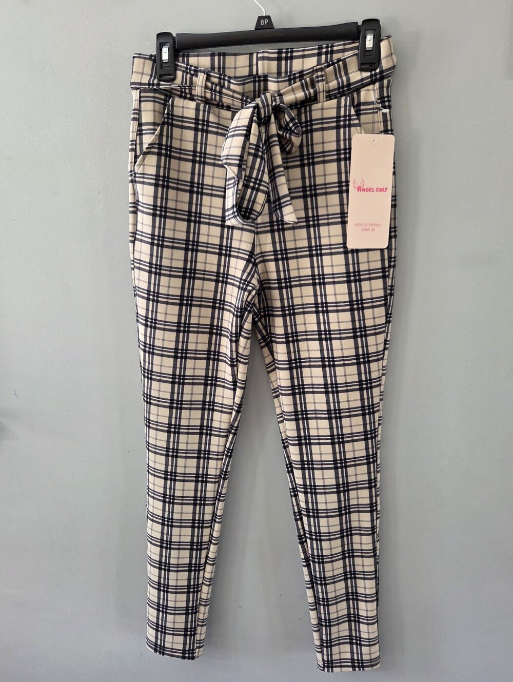 Angel Cult Plaid Beige Cream Dress Pants Skinny Straight Leg Pull-On Pocket Med